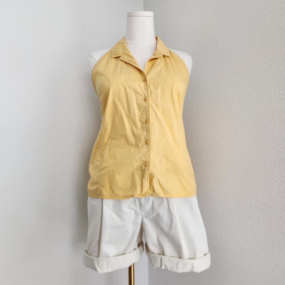 Vintage Y2K Yellow Cotton Halter Button Up Top Sleeveless Collared XL Summer